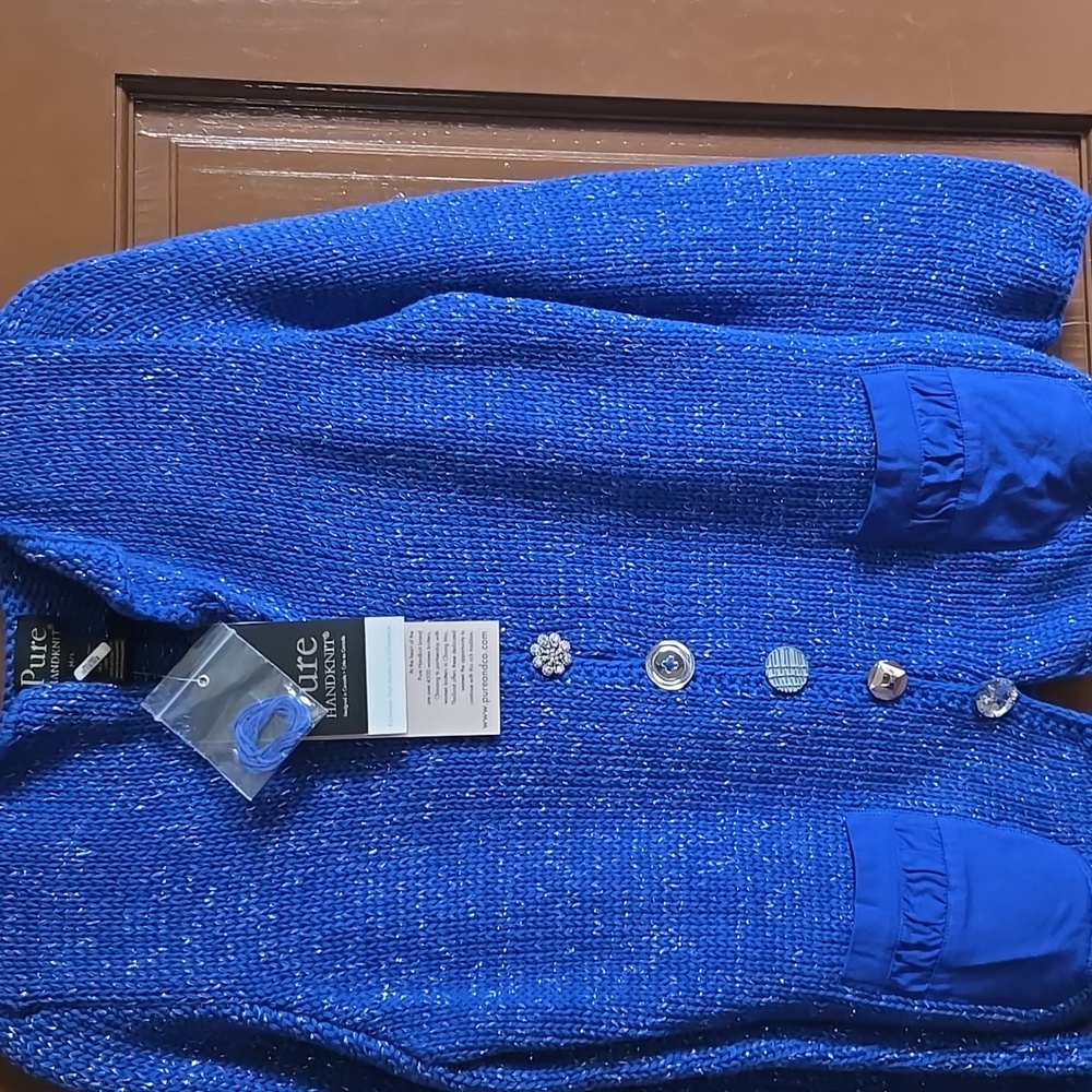 Pure Handknit-Royal blue sweater with each button different down front Sz - Picture 2 of 13